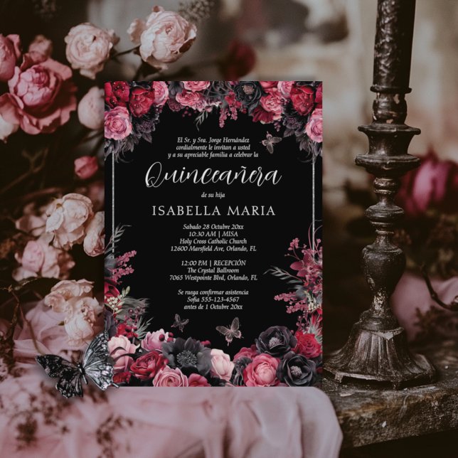 Invitation Invitación Quinceañera floral gótica rosada, roja (Gothic quinceanera invitation in Spanish with red, pink and black moody florals.)