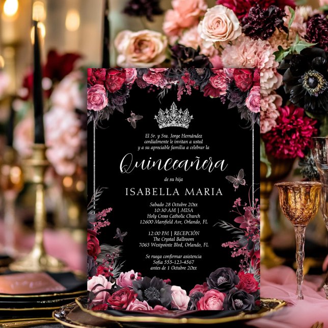 Invitation Invitación Quinceañera floral gótica rosada, roja (Gothic quinceañera invitation with tiara and pink, red and black moody florals.)