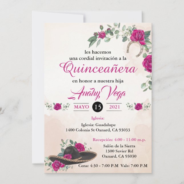 Invitation Invitación QUINCEANERA Mariachi Charra Blush Pink (Devant)