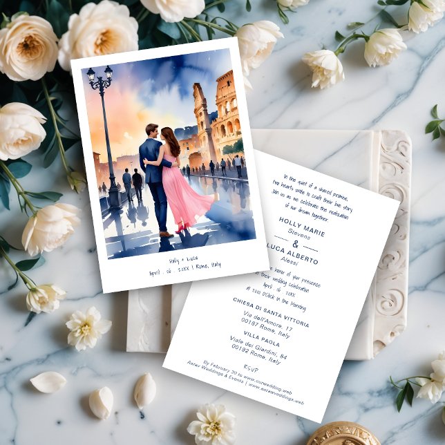 Invitation Invitación Rome Coliseum Colorful Cityscape Weddin (Rome Coliseum Colorful Cityscape Wedding Couple Illustration Invitations Cards. )