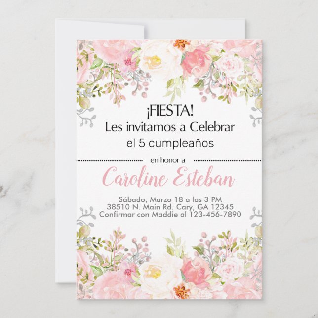 Invitation Invitación rose floral fleurs fille niña. (Devant)