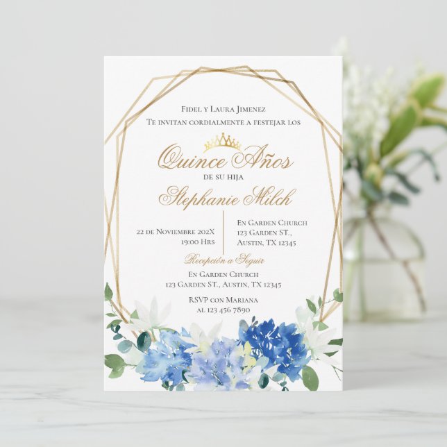 Invitation Invitación Spanish Quinceanera Blue floral invit (Debout devant)
