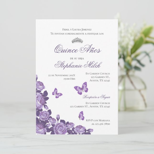 Invitation Invitación Spanish Quinceanera purple floral invit (Debout devant)
