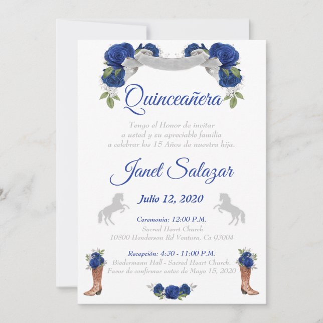 Invitation Invitaciones charro Quinceañera Charra Blue Silver (Devant)