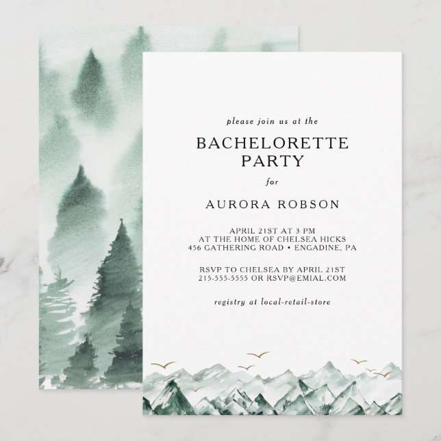 Invitation Invitat de Bachelorette Green et Gold Mountain (Devant / Derrière)