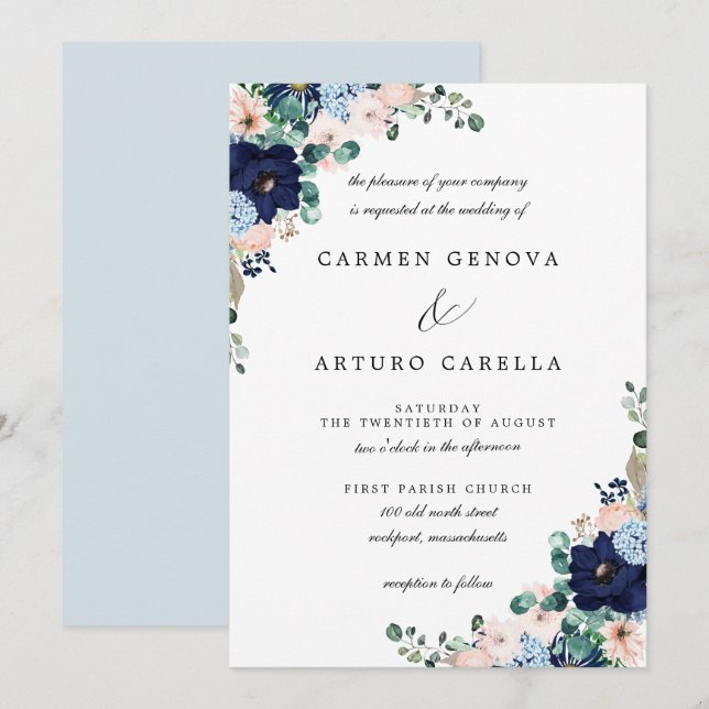 Invitation Invitat Mariage Floral Russe Rose bleu Eucalyptus (Devant / Derrière)