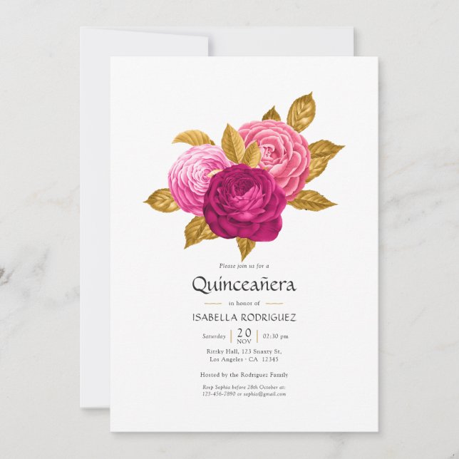 Invitation Invitat photo de Quinceañera rose et or chaud (Devant)