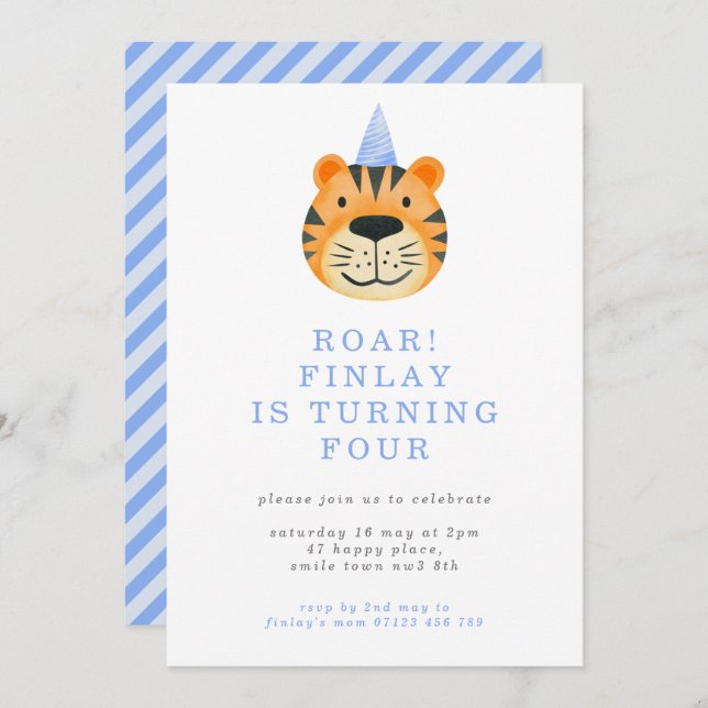 Invitation Invitati minimaliste Boy's 4th Birthday Tiger Part (Devant / Derrière)