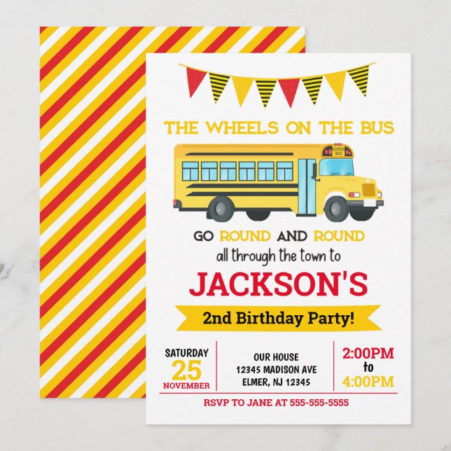 Invitation Invitation/roues d'anniversaire d'autobus scolaire (Devant / Derrière)