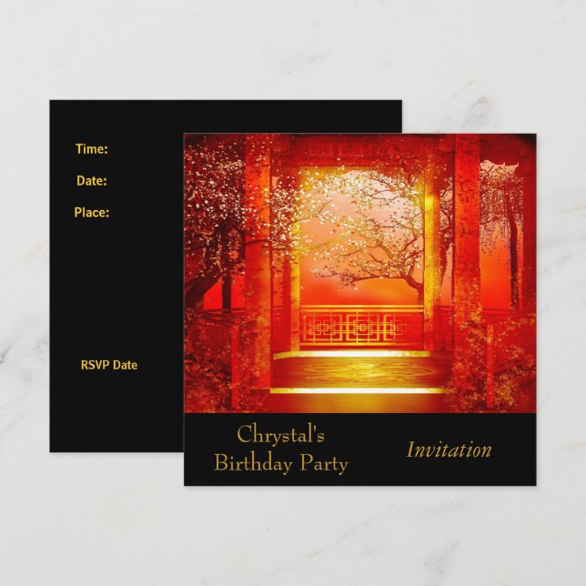Invitation Invite Birthday Party Asian Scene Red (Front/Back)