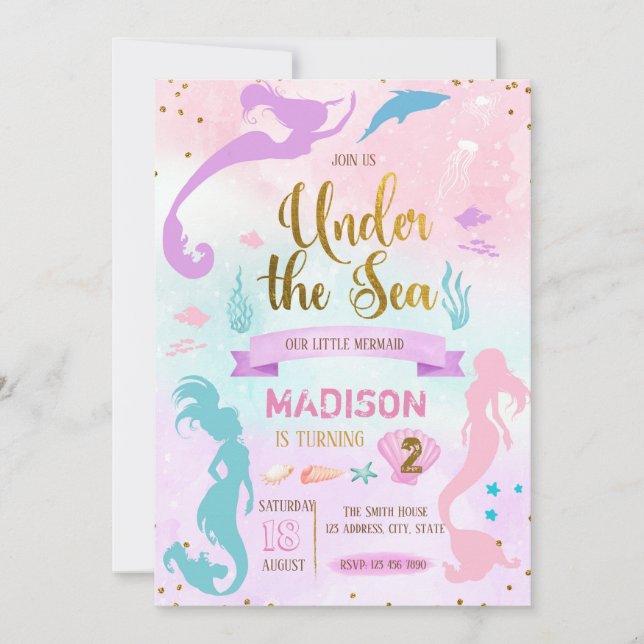 Invitation Invité d'anniversaire Pastel mermaid (Devant)