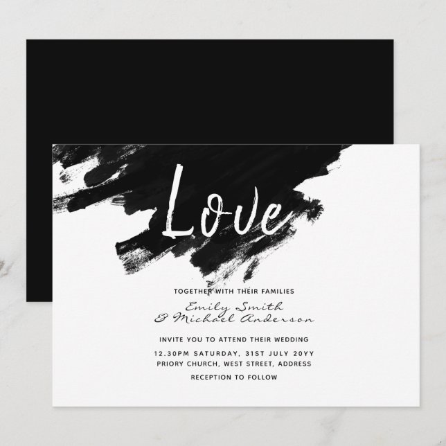Invitation Invite de mariage moderne - Peinture noir blanc (Devant / Derrière)