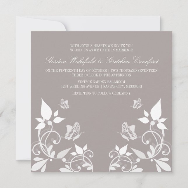 Invitation Inviter Mariage Floral de papillon ivoire (Devant)