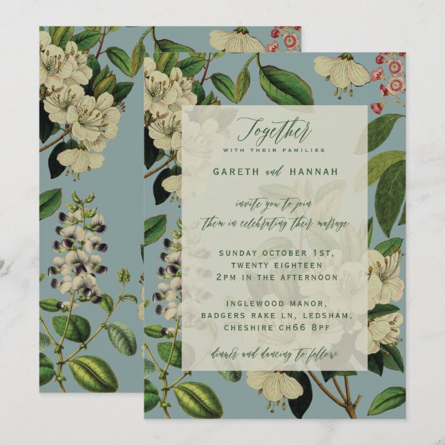 INVITATION INVITÉS DE MARIAGE BOTANIQUES - OEUF DE CANARD BLE (Devant / Derrière)