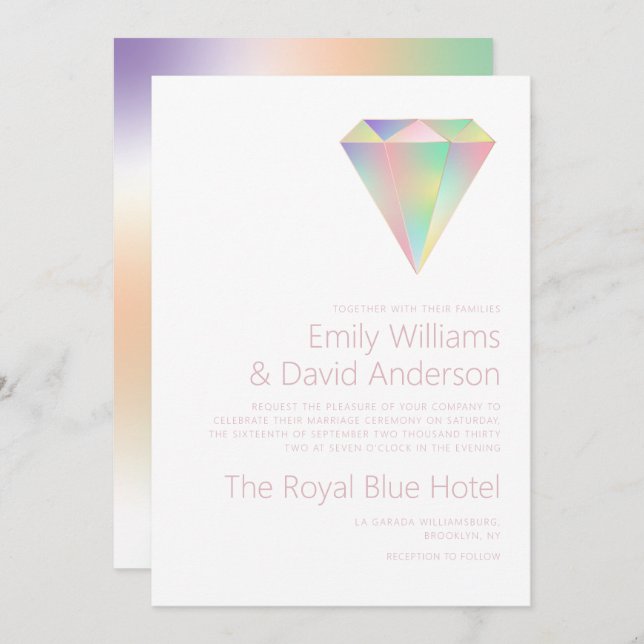 Invitation Iridescendant Rainbow Diamond Rose Gold Mariage (Devant / Derrière)