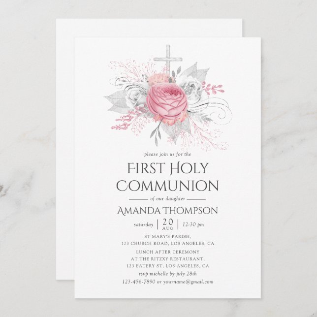 Invitation Iridescente Argent et Pink Floral Holy Communion (Devant / Derrière)