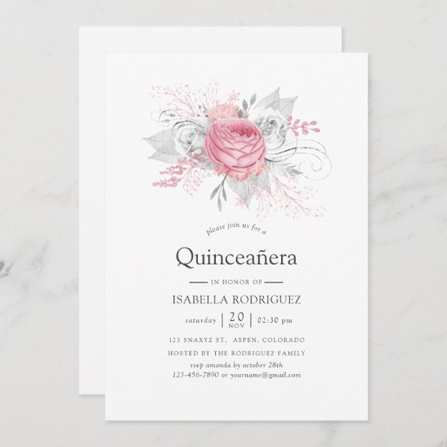 Invitation Iridescente Argent et rose Floral Quinceañera (Devant / Derrière)