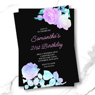 Invitation Iridescente Floral Noir et rose 21e anniversaire