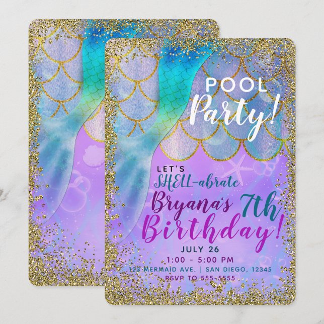 Invitation Iridescente Pearl Parties scintillant Mermaid fête (Devant / Derrière)