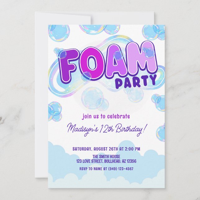 Invitation Iridescente Purple Foam Party Anniversaire (Devant)