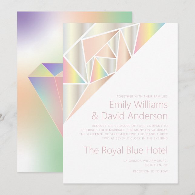 Invitation Iridescente Silver Soft Pastel Diamond Mariage (Devant / Derrière)