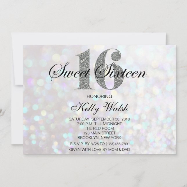 Invitation Iridescente Sweet 16 Parties scintillant argentée  (Devant)