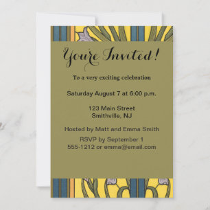 Invitation Iris Fleur Art Nouveau Vitrail Bleu Or
