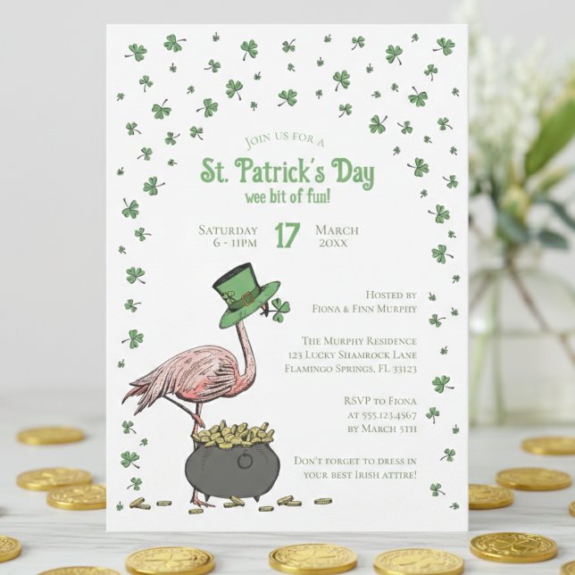 Invitation Irish Shamrock Flamingo St Patrick's Day Party (Funny Irish Flamingo St Patrick's Day Party Invitations. Green Shamrocks, Clovers, Leprechaun Hat)