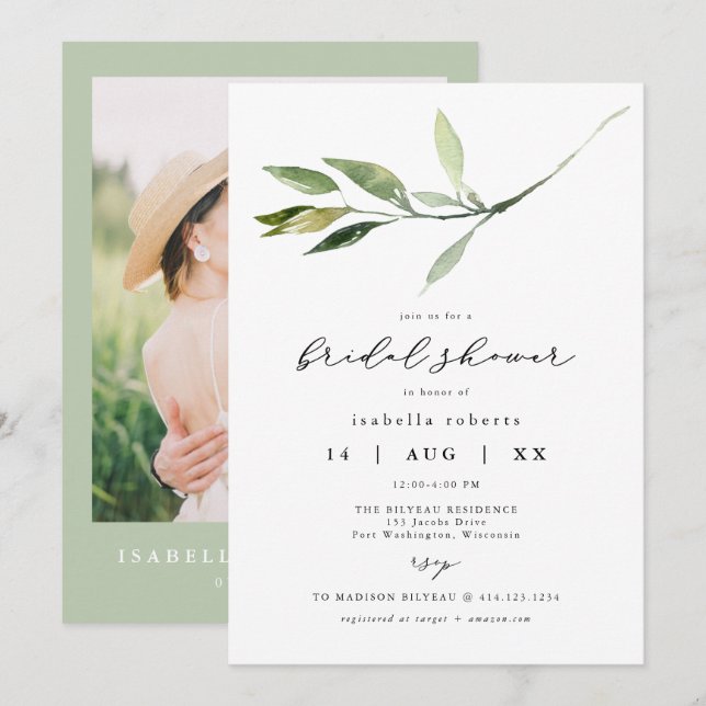 Invitation ISABELLA Élégante Fête des mariées de verdure mini (Devant / Derrière)