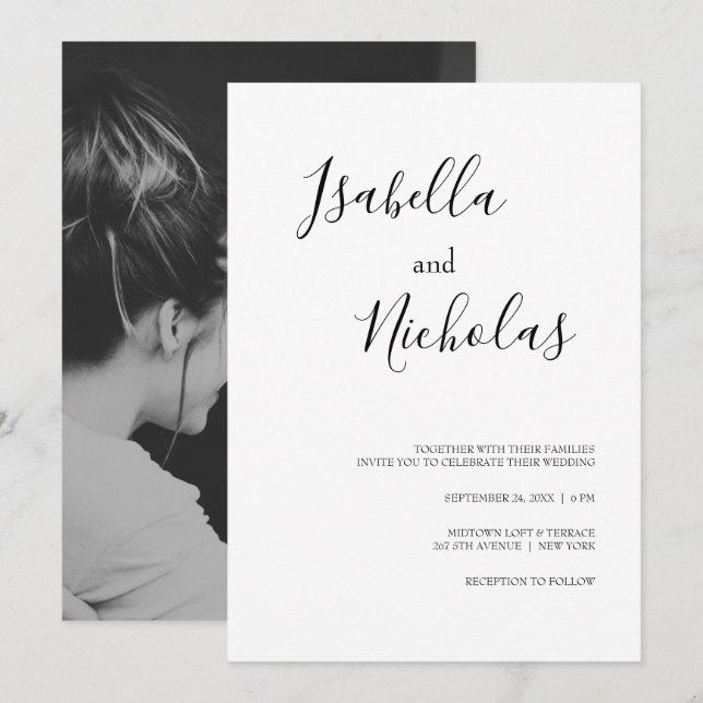Invitation Isabella Simple moderne blanc noir Mariage photo (Devant / Derrière)