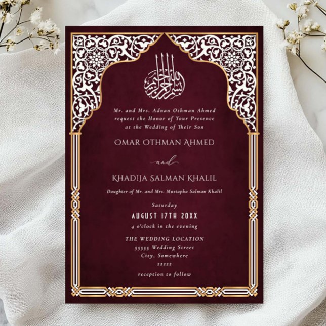 Invitation Islamic Gold Red Arch Ornate Arabesque Wedding (Créateur téléchargé)
