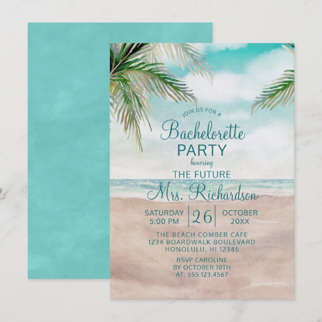 Invitation Island Breeze Sandy Beach Shore Bachelorette Party (Devant / Derrière)