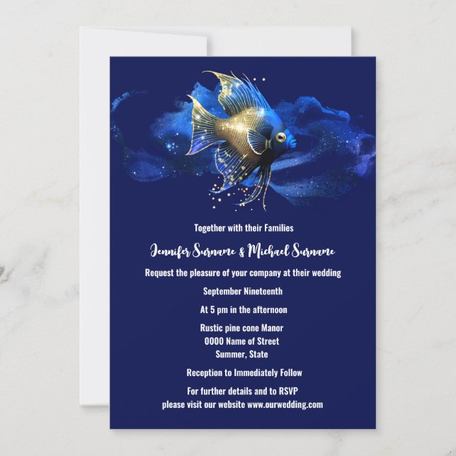 Invitation Island chic | bleu or ange poisson récif 3D chic (Devant)