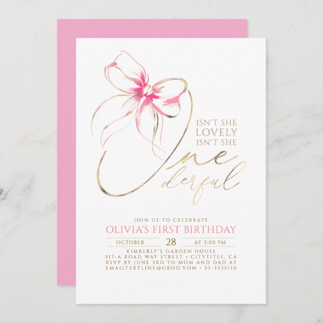 Invitation Isn't She Onederful Pink Bow Elegant 1st Birthday (Devant / Derrière)
