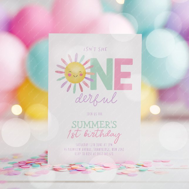 Invitation Isn't She Onederful Sun Girls 1st Birthday (Isn't she Onederful! Girl's sun 1st birthday invitation in green, pink and purple. )