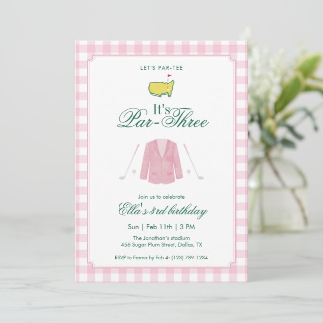Invitation It’s A Par-Three Golf 3rd Birthday Pink Gingham (Debout devant)
