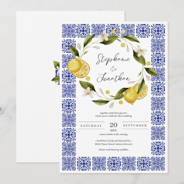Invitation Italia Blue Watercolor Citron Calligraphie Mariage (Devant / Derrière)