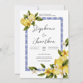 Invitation Italia Blue Watercolor Citron Calligraphie Mariage