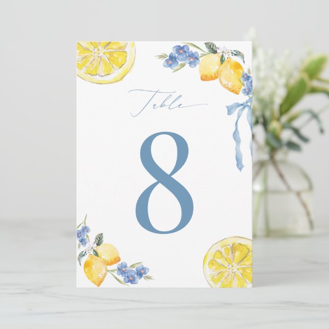 Invitation Italian Blue Bow Lemon Wedding 5x7 Table Number (Debout devant)
