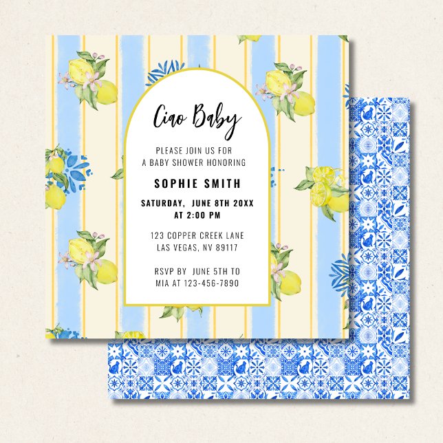 Invitation Italian Blue Tiles, Ciao Baby, Lemons square (Créateur téléchargé)