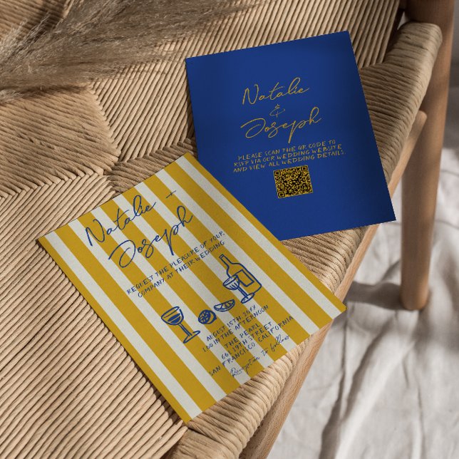 Invitation Italian Blue Yellow Hand Written QR Code Wedding (Créateur téléchargé)