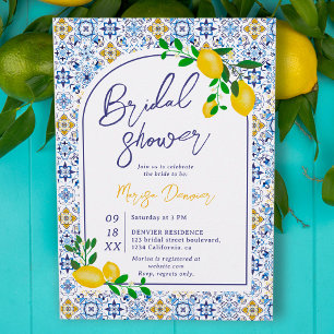 Invitation Italien carrelage bleu aquarelle citron nuptiale