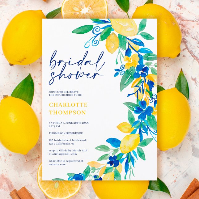Invitation Italien citron bleu floral script nuptiale (Créateur téléchargé)