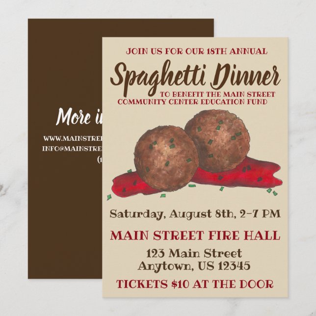 Invitation Italien Meatballs Spaghetti Dîner Charité Événemen (Devant / Derrière)