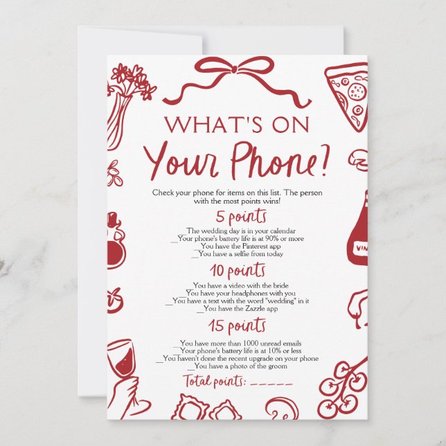 Invitation Italien What's On Your Phone Fête des mariées Game (Devant)