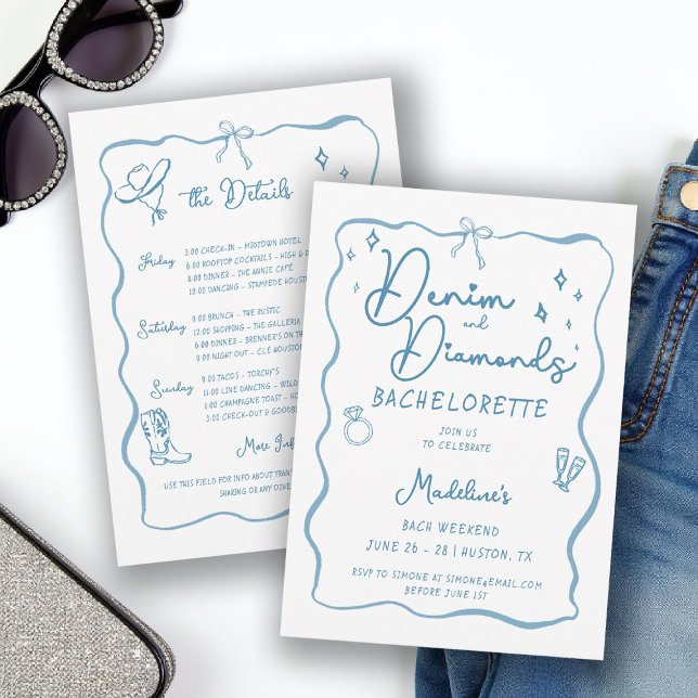 Invitation Itinéraire de bachelorette avec écriture manuscrit (denim diamonds bachelorette itinerary invitation hand written drawn cowgirl frame bow blue white)