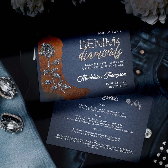 Invitation Itinéraire de bachelorette de démarrage de Denim D (denim and diamonds bachelorette party weekend itinerary classy bling cowgirl boot blue jeans theme)