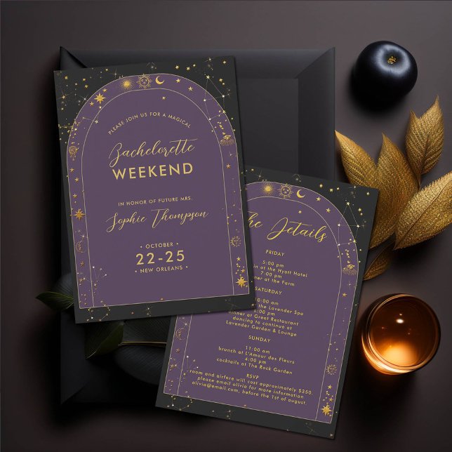 Invitation Itinéraire de la fête de bachelorette de l'arc de  (new orleans nola celestial mystical horoscope tarot bachelorette party itinerary boho arch gold star)