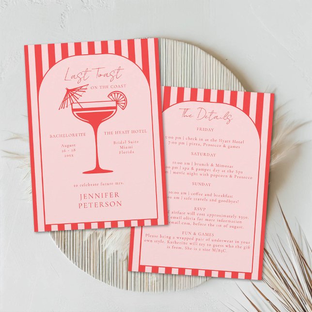 Invitation Itinéraire de la fête de la Bachelorette rouge Boh (beach bachelorette weekend last toast coastal nautical stripes boho arch elegant classy red pink)