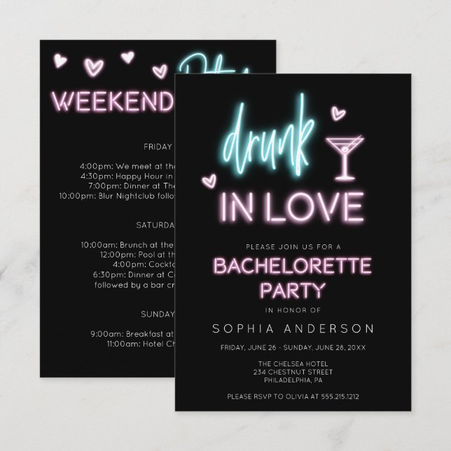 Invitation Itinéraire de l'invitation du parti Neon Bachelore (Devant / Derrière)